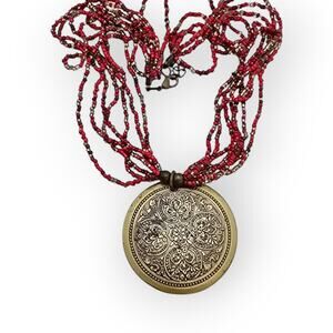 Red Beaded Multi-Strand Medallion Necklace – Ornate Boho Statement
